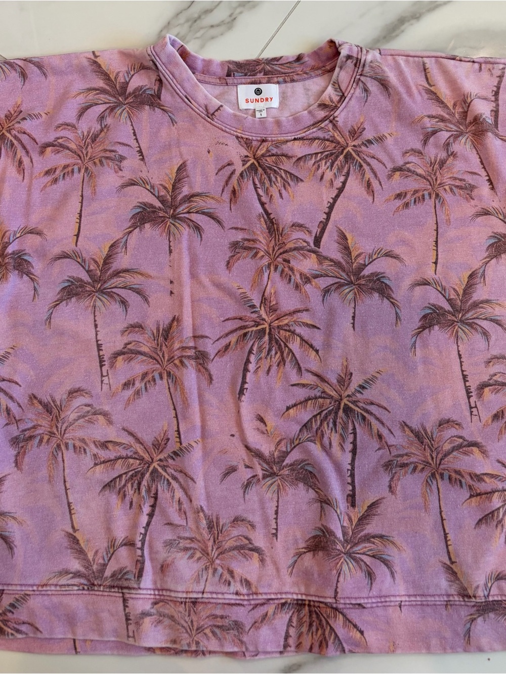 Sundry Lavender Palm Tree Short Sleeve Sweatshirt Tee